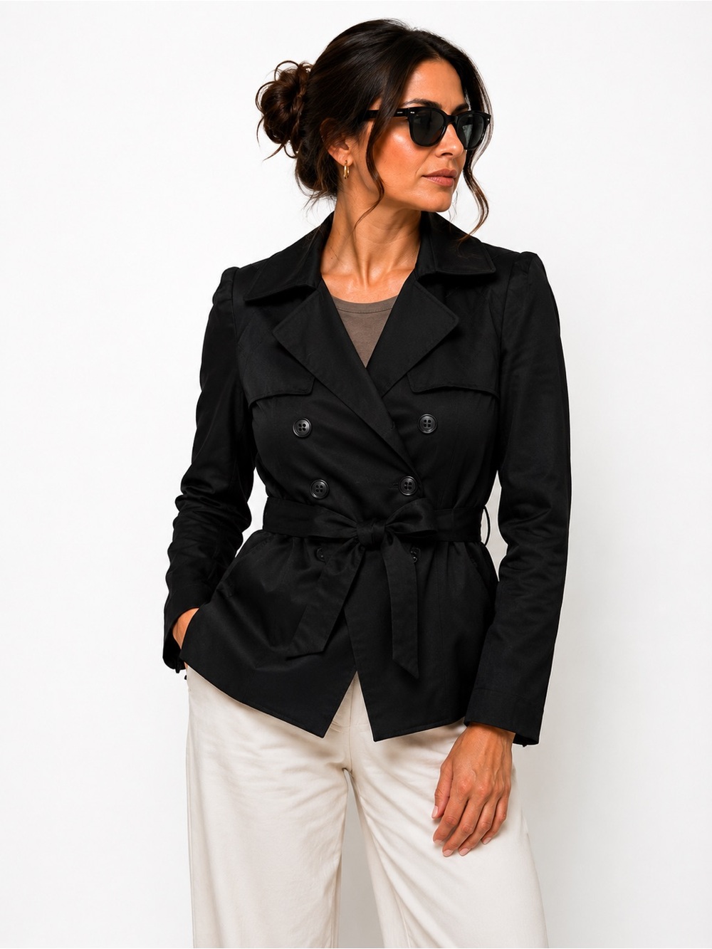 H&M Black Double-Breasted Trench Jacket with Tie Waist